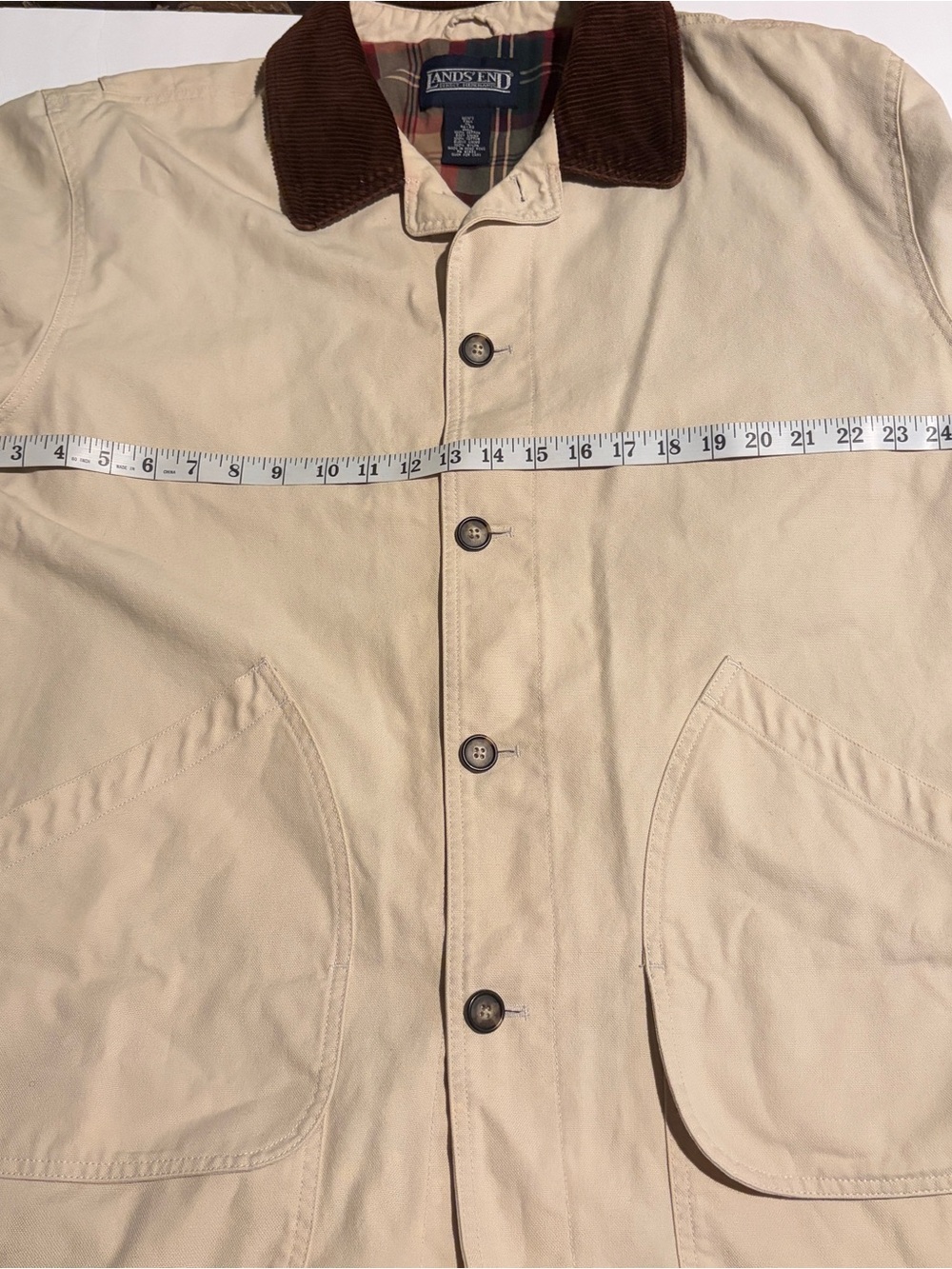 VTG Lands End Chore Jacket Mens XL Tall Tan Cotton Canvas Plaid Lined Gorpcore - Picture 13 of 15